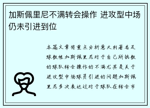 加斯佩里尼不满转会操作 进攻型中场仍未引进到位